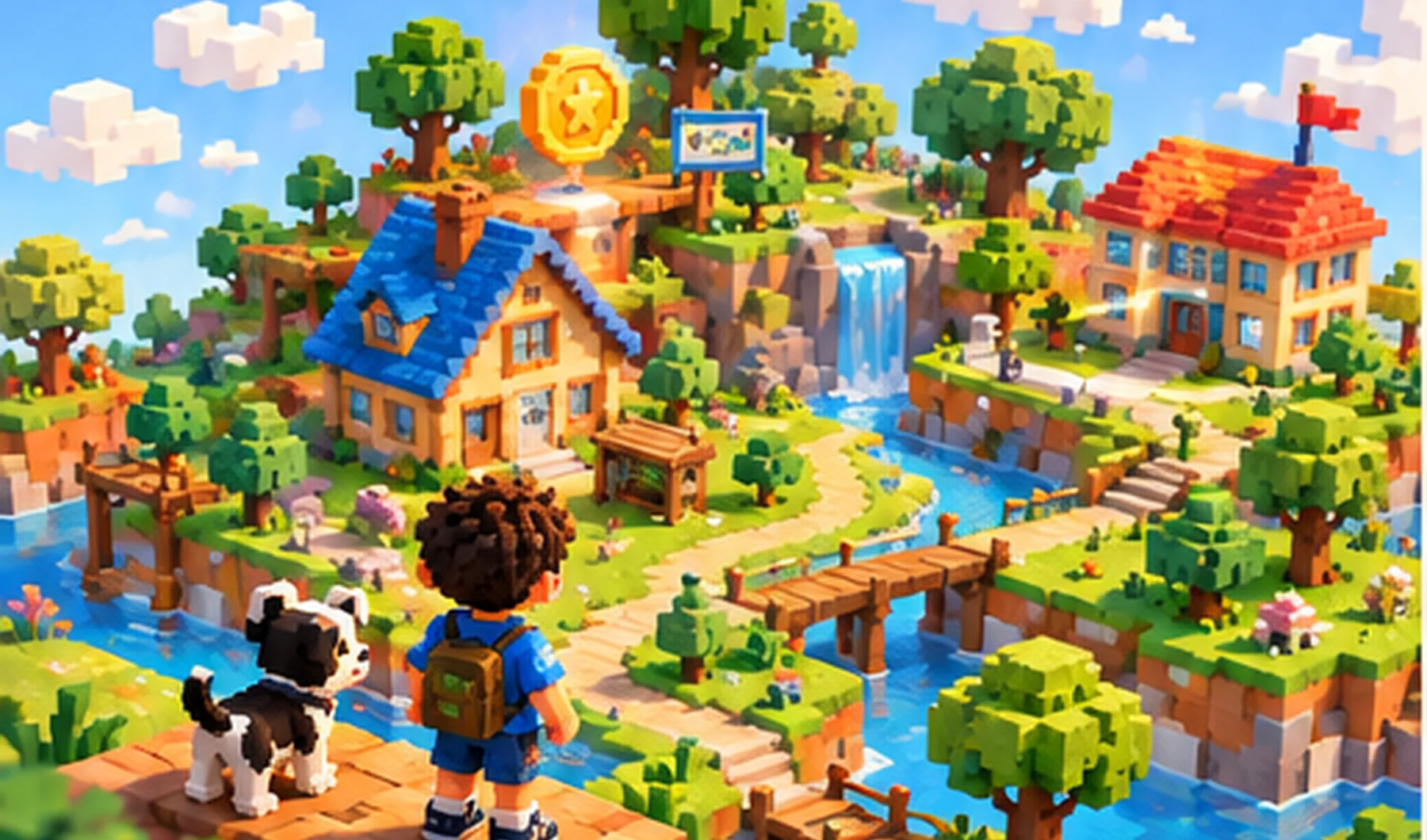 Ilustração panorâmica da Base com casas e jardins